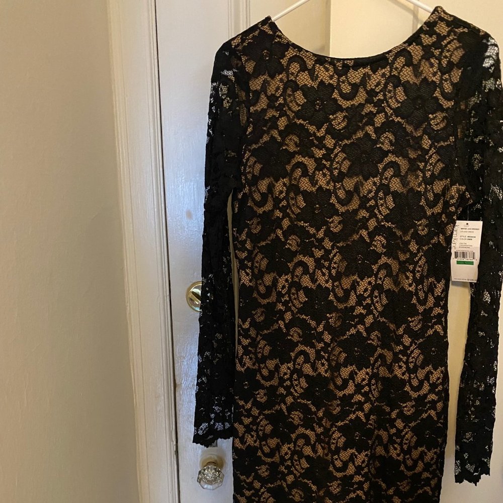 Karen Kane Black Lace Sheath Dress Long Sleeve Nude Lining NWT Large